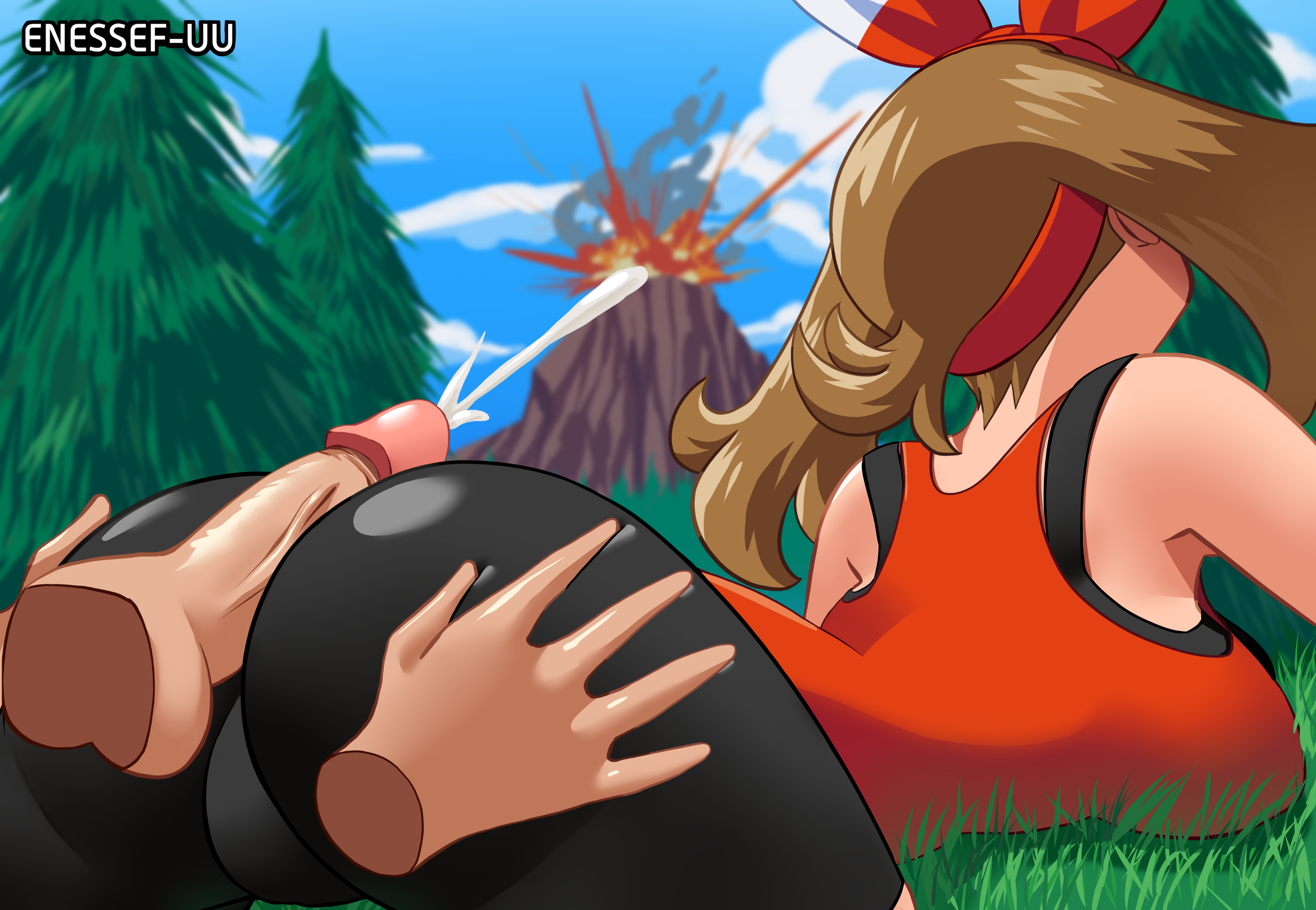 1boy, 1girls, ass, assjob, bike shorts, blurry background, bow, breasts, brown hair, buttjob, buttjob over clothes, cameltoe, cum, cumshot, disembodied hand, disembodied penis, enessef-uu, english text, explosion, female, fully clothed, grass, hands on ass, large breasts, light skin, light-skinned female, light-skinned male, lying on stomach, male, may (pokemon oras), may (pokemon), orgasm, outdoors, outside, penis, pokemon, pokemon oras, pussy, smoke, straight, tank top, text, tree, veiny penis, volcano, volcano eruption, watermark