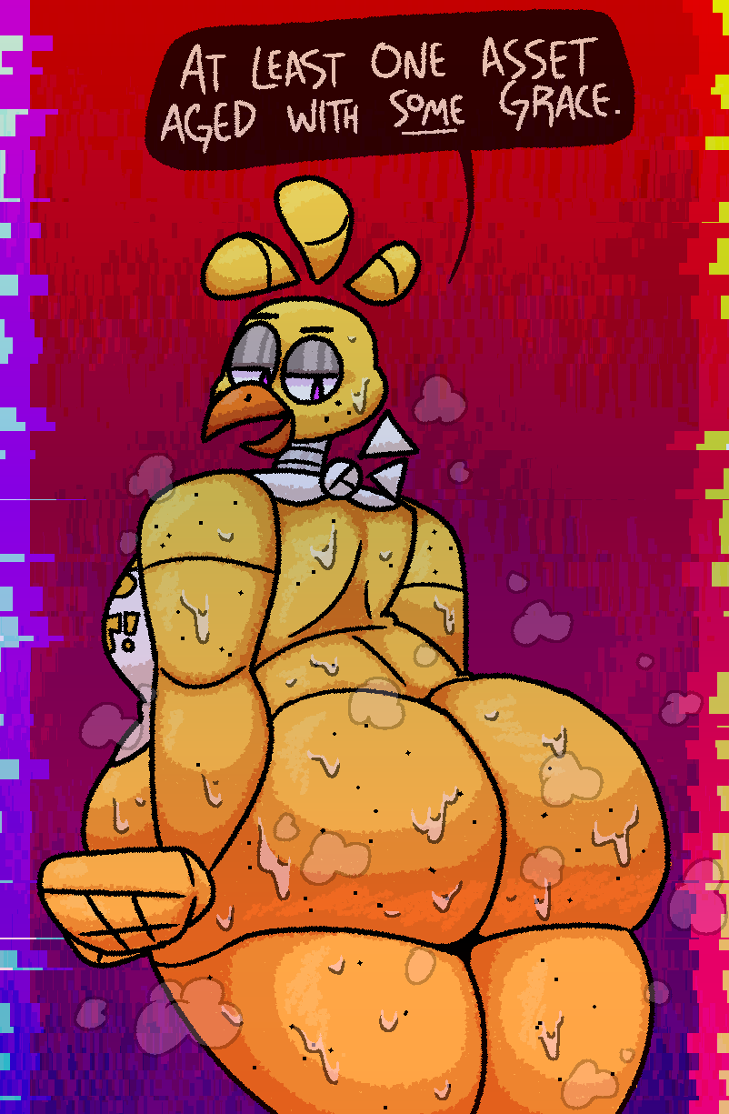 bib big_belly chica_(fnaf) chicken chubby classic_chica_(fnaf) dialogue female female_focus female_only five_nights_at_freddy's huge_ass pink_eyes qoolguyart solo sweat thick_thighs