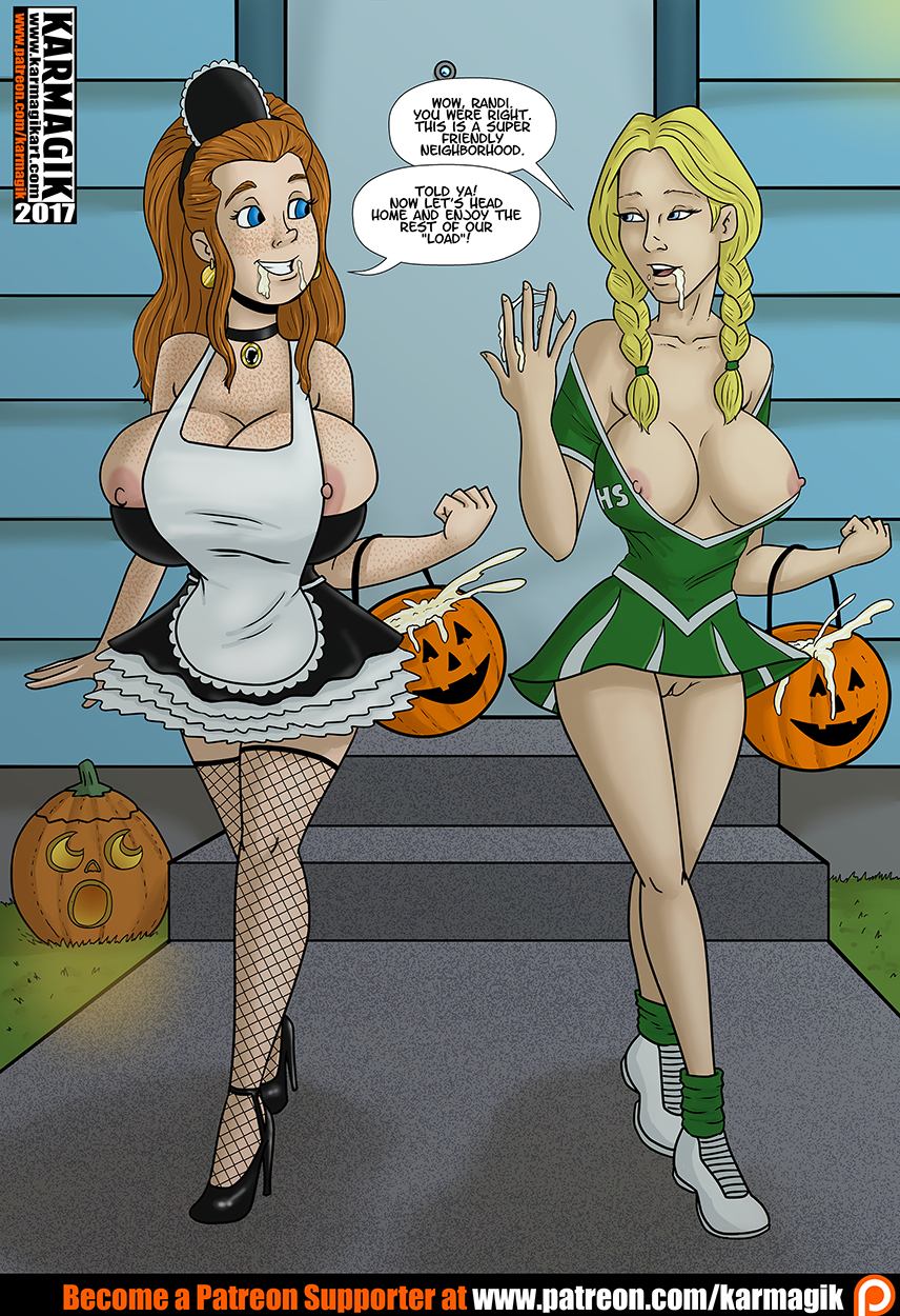 areolae big_breasts blue_eyes breasts busty comic erect_nipples female female_focus freckles halloween halloween_costume huge_breasts karmagik large_breasts long_hair nipples randi_(karmagik) red_hair sex speech_bubble tagme text trick_or_treat