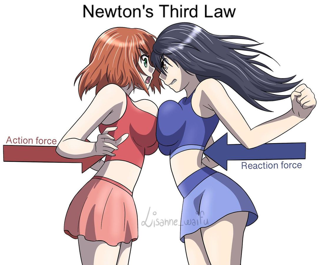2020, 2girls, armpits, arrow, artist name, bare arms, bare shoulders, big breasts, black hair, breast press, breasts, brown eyes, brown hair, cleavage, clenched teeth, clothing, educational, english text, eye contact, eyebrows visible through hair, female, female only, frilled skirt, frills, green eyes, highres, large breasts, lisanne waifu, long hair, looking at each other, midriff, multiple females, multiple girls, newton's third law, open mouth, original, personification, science, short hair, side view, simple background, skirt, sports bra, standing, symmetrical docking, teeth, text, thighs, tongue, watermark, white background, yuri