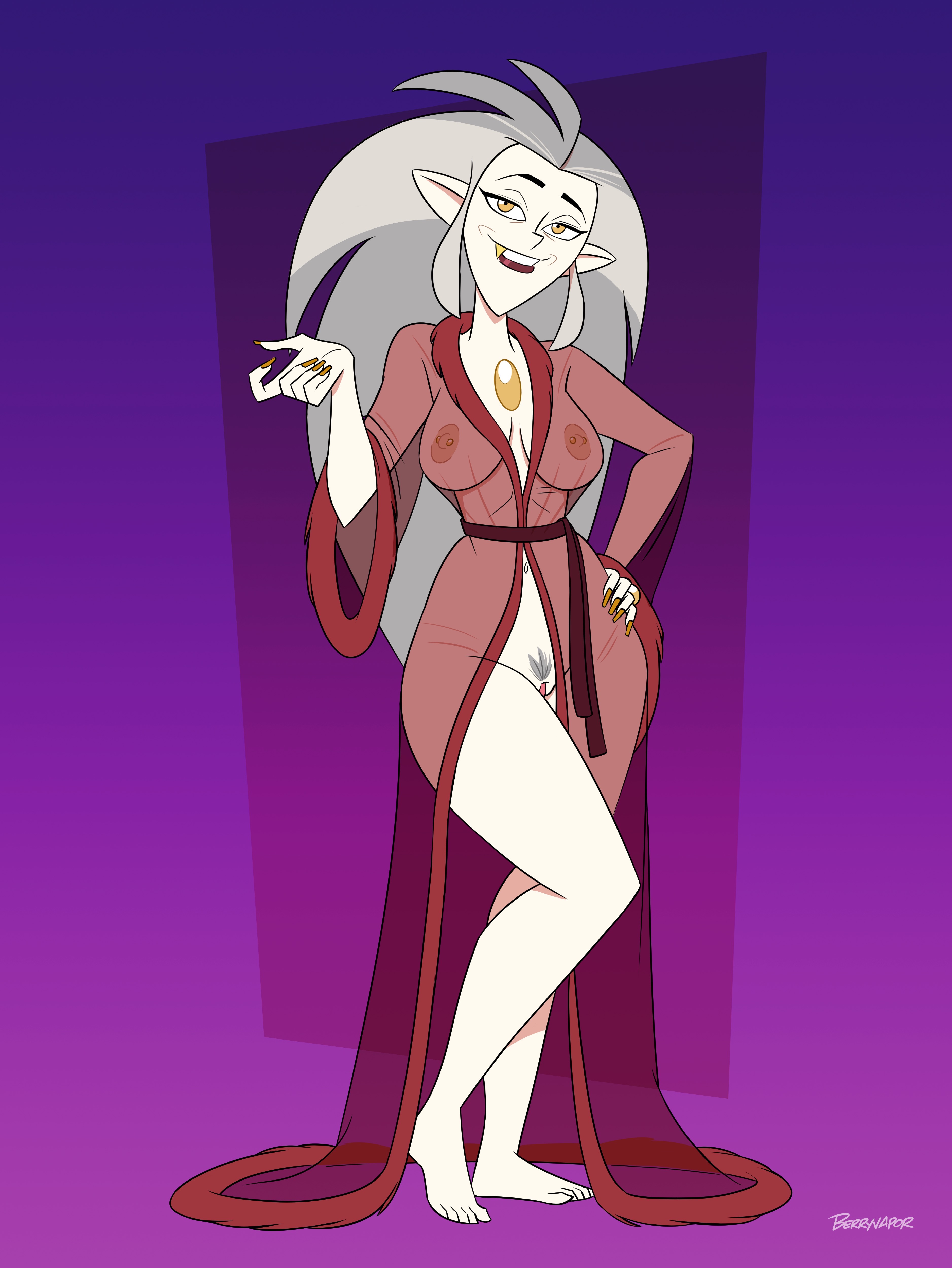 5 toes, bathrobe, berryvapor, boobs, breasts, eda clawthorne, feet, female, gold tooth, grey hair, long hair, looking at viewer, nipples, pose, pussy, robe, see-through, see-through clothing, smiling, straight hair, tagme, the owl house, toes, white skin