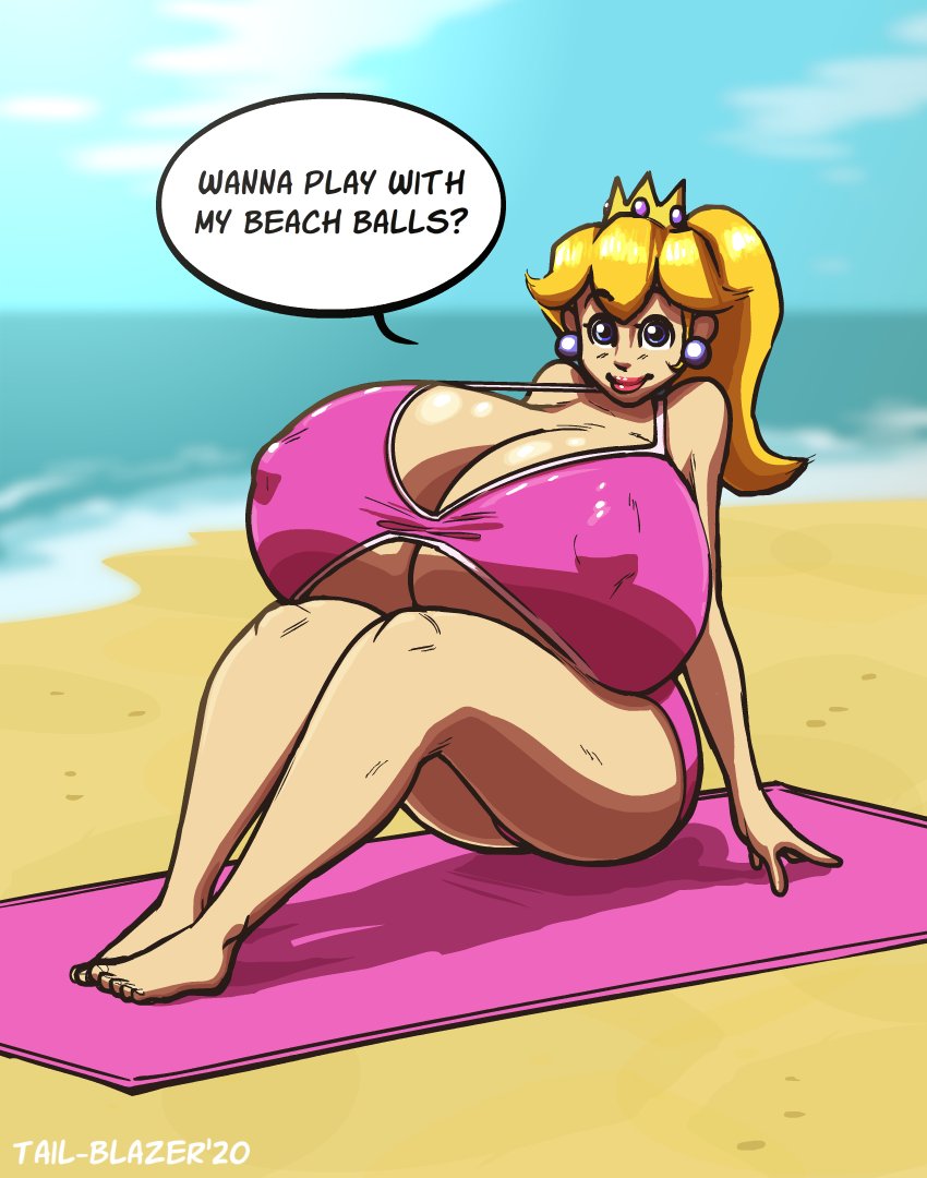 1girls, alternate breast size, beach, big breasts, bikini, blonde hair, blue eyes, breasts, busty, cleavage, crown, english text, feet, female, female only, full body, huge breasts, hyper, hyper breasts, large breasts, looking at viewer, mario (series), nintendo, nipple bulge, ocean, outdoors, pink bikini, ponytail, princess peach, royalty, sitting, smile, solo, solo female, speech bubble, swimsuit, tail-blazer, text, tied hair, top heavy