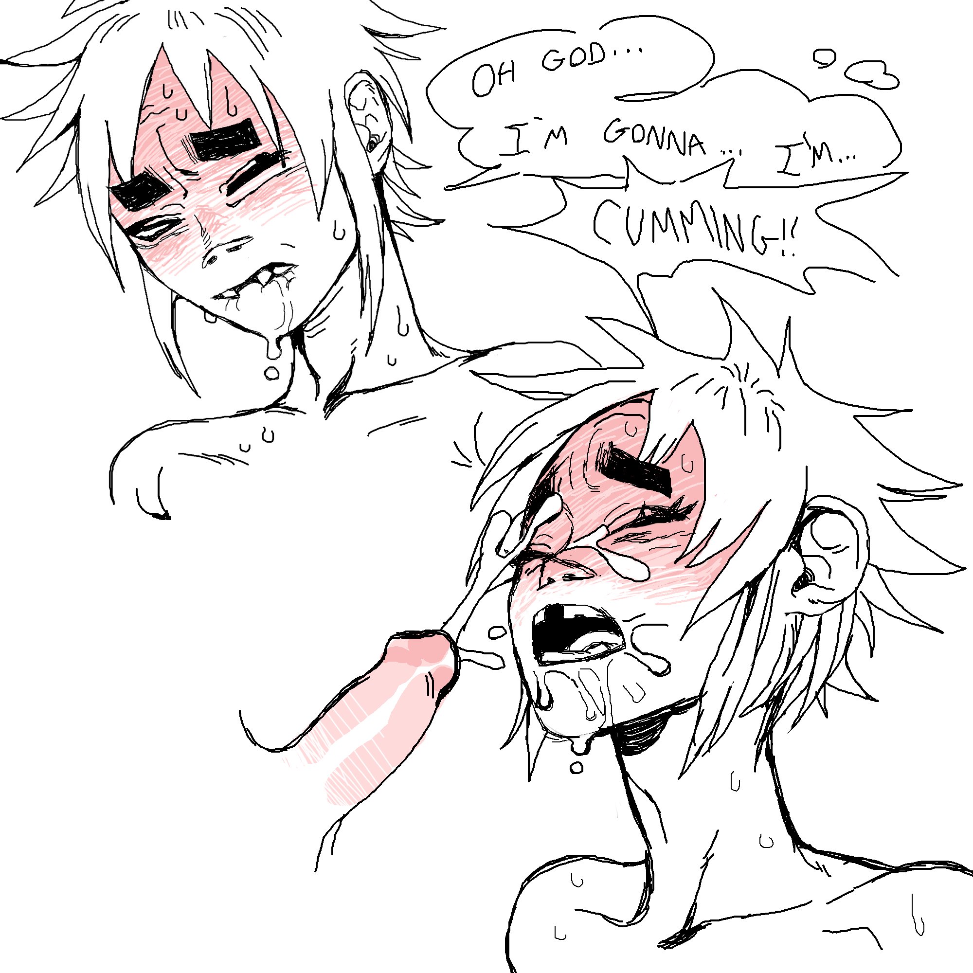 2d (gorillaz), blushing, cum, cum on face, cumming, dialogue, ejaculation, english text, facial, gay, gorillaz, looking pleasured, male, penis, ren valentine, text