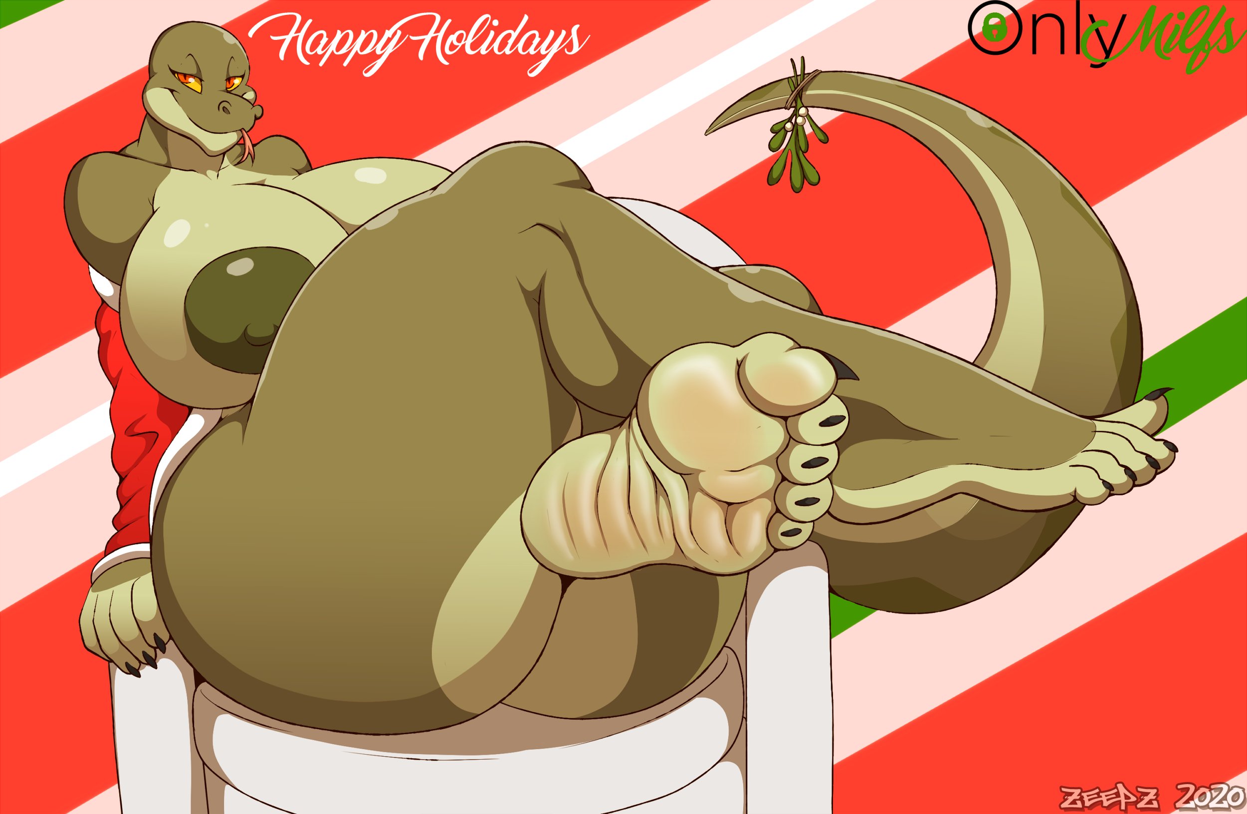 5 toes, ass, barefoot, big ass, big breasts, breasts, christmas, feet, feet together, female, female only, foot fetish, furry, green skin, humanoid feet, humanoid hands, large ass, large breasts, lizard, mammal, margret stalizburg, mistletoe, red eyes, smile, thick, thick thighs, toe claws, toes, wide hips, zp92