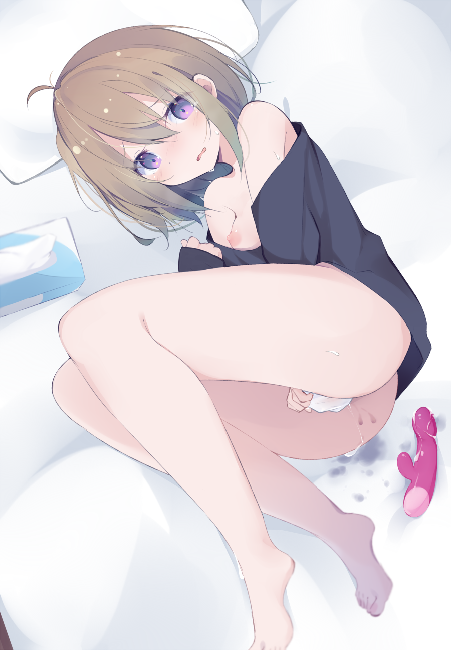 after_masturbation ahoge ass bangs bare_shoulders barefoot bed_sheet black_shirt blush bottomless breasts brown_hair commentary_request dildo eyebrows_visible_through_hair female hair_between_eyes highres kyuukon_(qkonsan) long_sleeves looking_at_viewer lying nipples off_shoulder on_side original parted_lips pillow purple_eyes sex_toy shirt sleeves_past_wrists small_breasts solo sweat tissue tissue_box