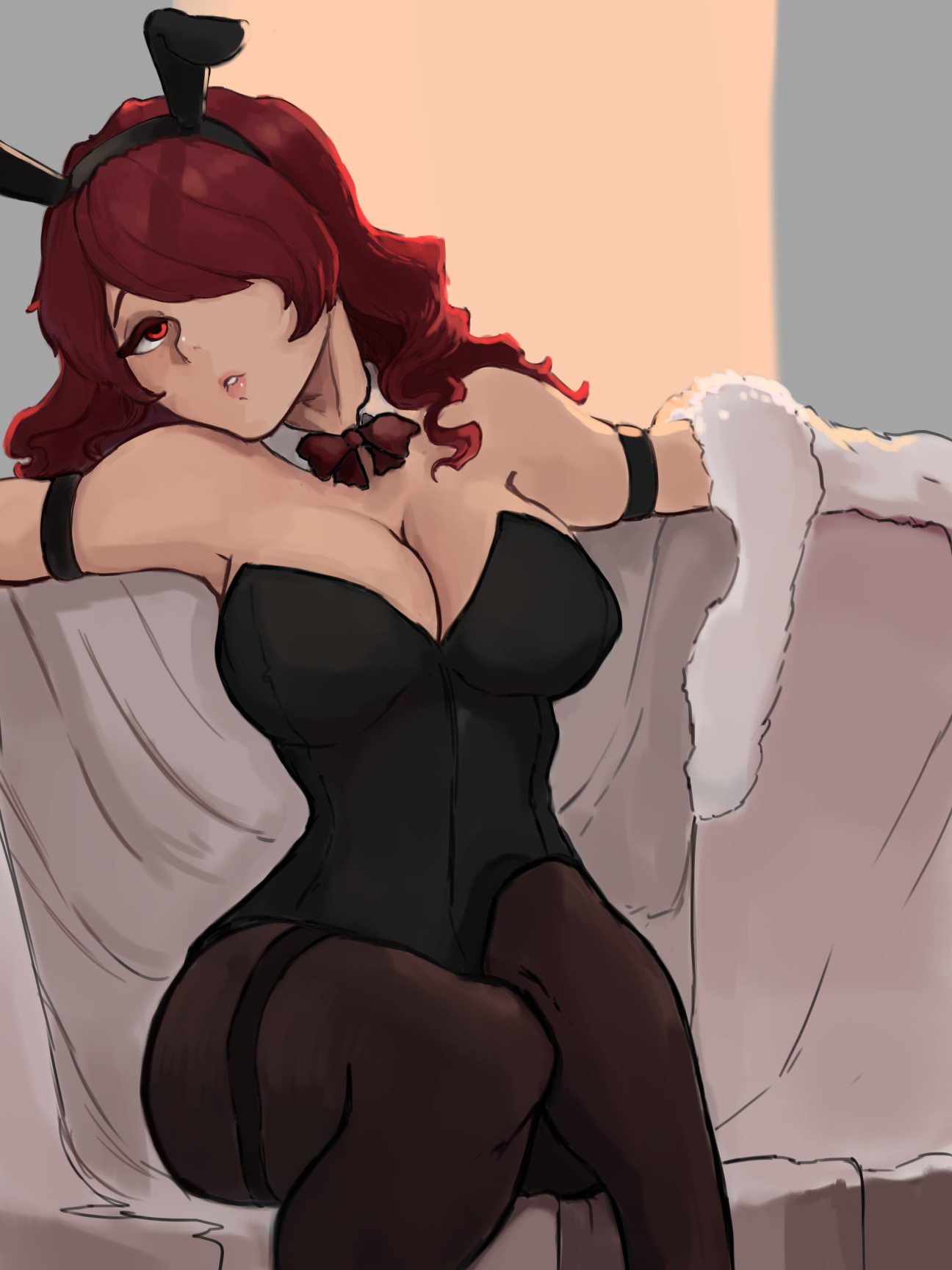1girls, big breasts, breasts, bunny ears, bunnysuit, cleavage, clothed, clothes, eyelashes, eyeshadow, female, female only, fur coat, hourglass figure, large breasts, lipstick, mitsuru kirijo, pantyhose, persona, persona 3, red eyes, red hair, tagme, thick thighs, thighband pantyhose, ynonamai