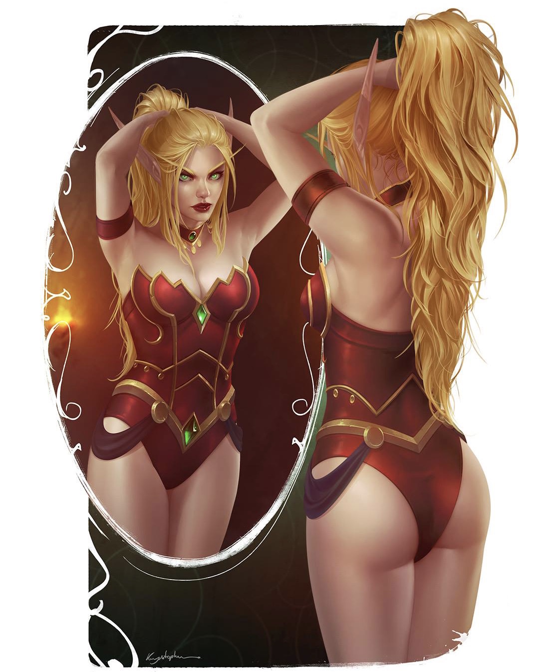 blonde hair, blood elf, elf, female, green eyes, krysdecker, long eyebrows, long hair, looking at viewer, mirror, pointy ears, ponytail, solo, valeera sanguinar, warcraft, world of warcraft