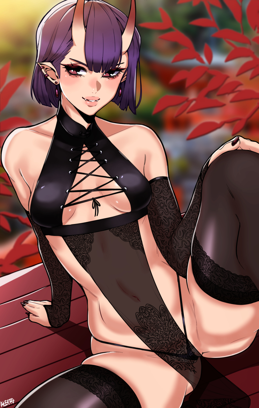 1girls, alecto 0, autumn, autumn leaves, black gloves, black nails, black panties, breasts, brown eyes, ear piercing, earrings, elbow gloves, fate (series), fate/grand order, female, female only, gloves, hand on own knee, highres, horns, jewelry, lips, nail polish, navel, oni, oni horns, panties, piercing, purple hair, revealing clothes, short hair, shuten douji (fate), signature, small breasts, smile, solo, spread legs, underwear