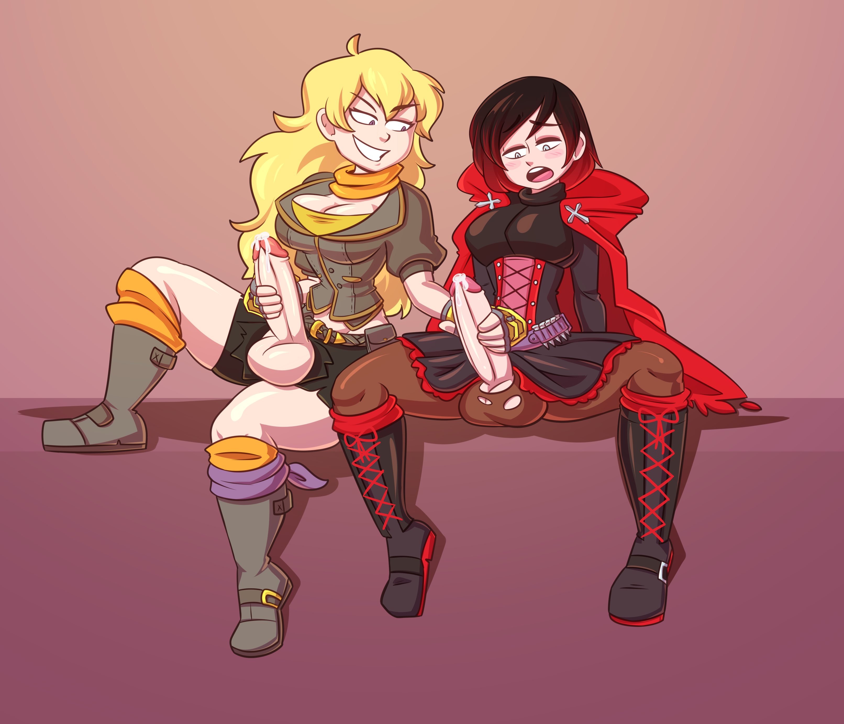 2futas, balls, big balls, big penis, breasts, cerealharem (artist), cleavage, clothed, clothing, duo, footwear, futa on futa, futa only, futanari, half siblings, half-sisters, handjob, handwear, human, incest, intersex, masturbation, mostly clothed, open fly, open mouth, open pants, pale skin, penis, precum, ruby rose, rwby, siblings, sisters, sitting, tongue, torn clothes, yang xiao long
