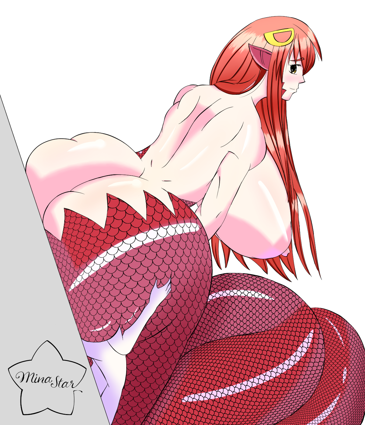 asphyxiation, ass, blush, breasts, face in ass, female, femdom, height difference, huge ass, huge breasts, lamia, larger female, miia (monster musume), mina star, monster girl, monster musume, monster musume no iru nichijou, naga, red hair, size difference, smothering