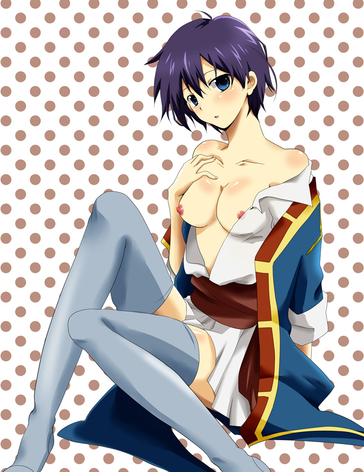 1girls areola bare_shoulders blue_eyes blue_hair blush breasts cleavage female n natsu_(pixiv466254) nipples no_bra polka_dot purple_hair rule_63 short_hair simon_(tengen_toppa_gurren_lagann) sitting solo tengen_toppa_gurren_lagann thighhighs undressing uniform zettai_ryouiki