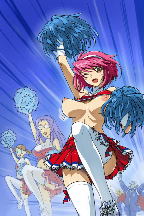 breast_slip brown_eyes cheerleader hairband kawai_honoka_(ouendan) kiryuuin_kaoru michael_f91 minazuki_reika nintendo nipples no_bra no_panties open_mouth osu!_tatakae!_ouendan pink_hair pom_poms reika_minazuki rin_shirosaki saionji_hayato shirosaki_rin short_hair thighhighs wink zettai_ryouiki