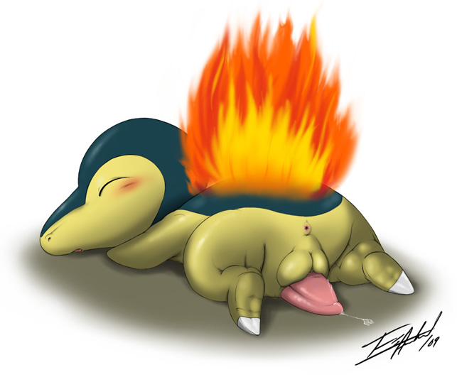 2009 anus blush closed_eyes color cum cyndaquil esartist feral fire lying male male_only nintendo nude on_front penis pokemon solo tagme testicles