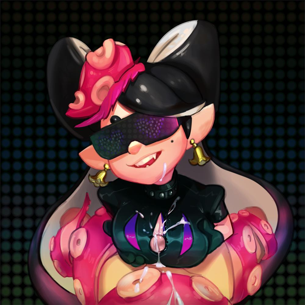 1boy 1girls alternate_costume black_gloves breast_squeeze breasts callie_(splatoon) cleavage cleavage_cutout collar cum cum_on_body cum_on_breasts cum_on_upper_body earrings eyewear facial fangs female food food_on_head food_themed_earrings glasses gloves head_tilt hypno_shades_(splatoon) interspecies jewelry large_breasts long_hair mole mole_under_eye object_on_head octo_callie opaque_glasses paizuri paizuri_under_clothes penis pointy_ears pov solo_focus splatoon splatoon_(series) splatoon_2 squid_sisters straight studded_collar sunglasses tentacle tentacle_hair thick_eyebrows thirnz tinted_eyewear