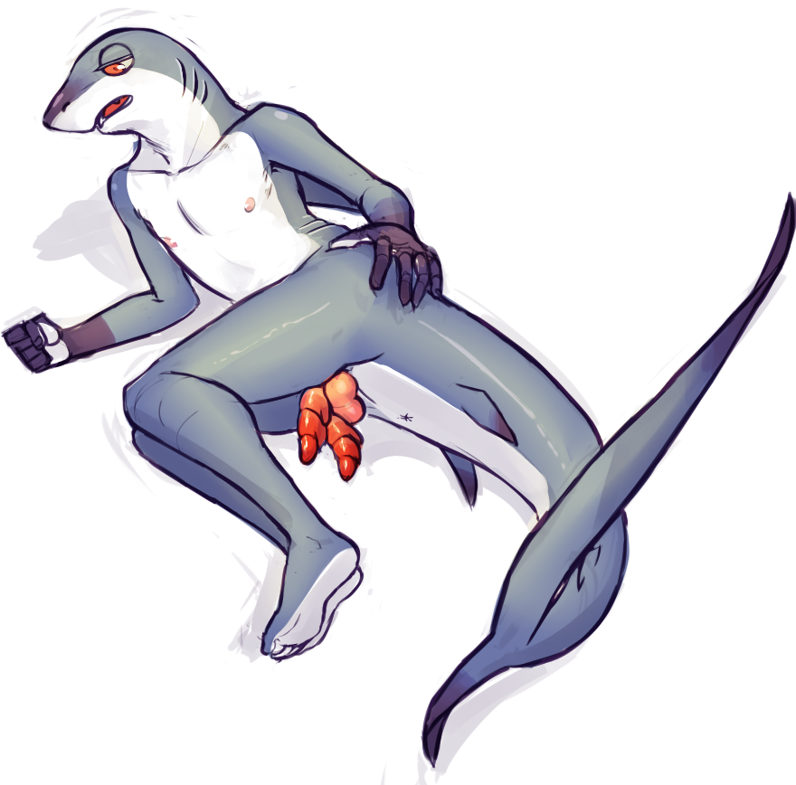 anthro anus ass_grab diphallia diphallism dpbleu fish genitals gills grey_body grey_skin lamniform long_tail lying male male_only marine multi_genitalia multi_penis nipples open_mouth penis red_eyes red_nipples red_penis shark solo thresher_shark