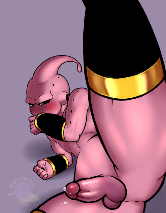 alien antennae_(anatomy) black_sclera blush dpbleu dragon_ball dragon_ball_z gold_band humanoid kid_buu majin_buu male male_only pink_body pink_skin simple_background solo spread_legs spreading white_eyes