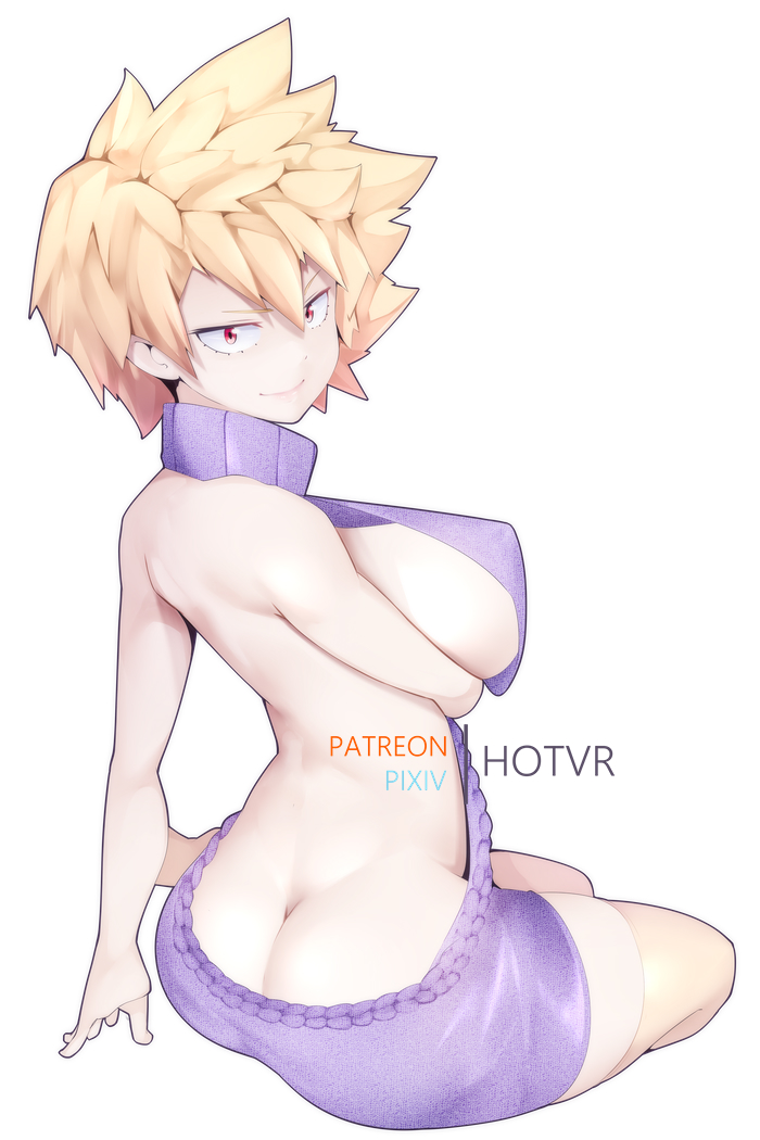 1girls, arm under breasts, ass, ass cleavage, ass crack, backless, backless outfit, big breasts, blonde hair, breasts, butt crack, clothing, erect nipples, female, female focus, female only, from behind, hotvr, long hair, looking at viewer, looking back, milf, mitsuki bakugou, mother, my hero academia, nipples, no bra, no panties, no underwear, red eyes, revealing clothes, sideboob, simple background, sitting, smile, solo, solo female, solo focus, sweater, virgin killer sweater, white background