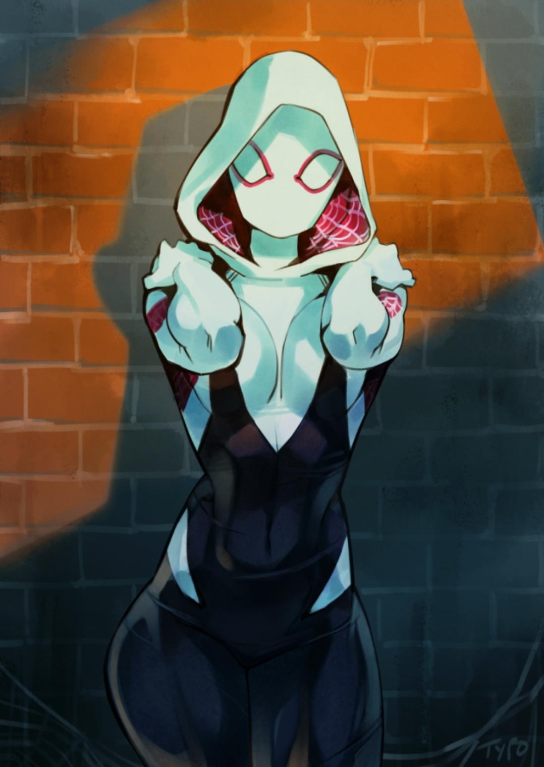 breasts, brick wall, female, female focus, female only, fully clothed, gwen stacy, hood, looking at viewer, marvel, marvel comics, optionaltypo, solo female, spider-gwen, spider-man (series), tight clothing