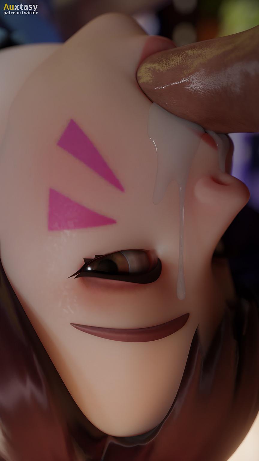 3d, auxtasy, blender, close-up, cum in mouth, d.va, face fucking, fellatio, female, looking at viewer, oral, overwatch, sword swallowing position, upside down