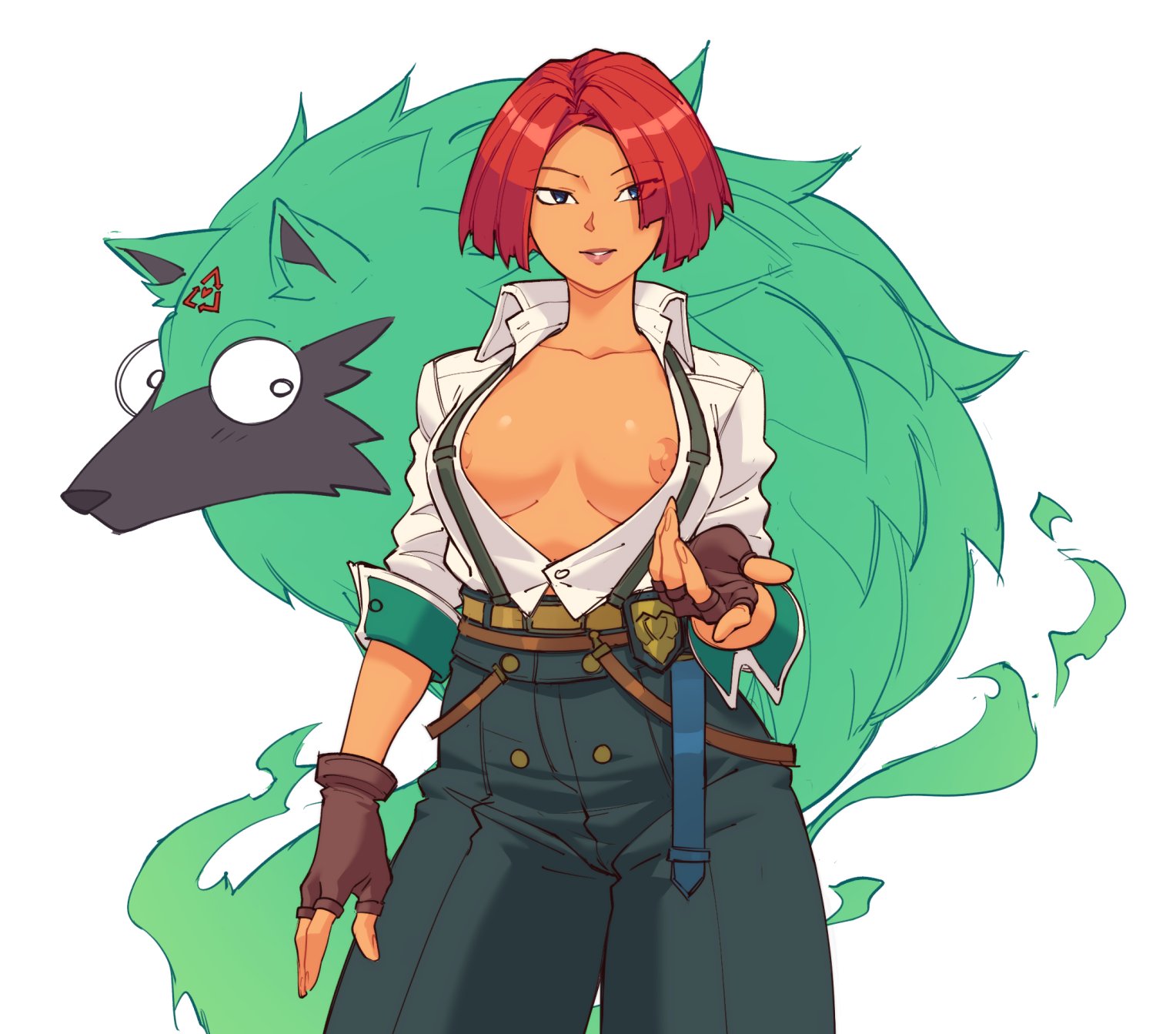 1girls, bob cut, brazilian, brazilian female, breasts, clothed, dark skin, dark-skinned female, female, giovanna (guilty gear), guilty gear, guilty gear strive, inviting, latina, looking at viewer, red hair, rei (guilty gear), short hair, smiling at viewer, suoiresnu