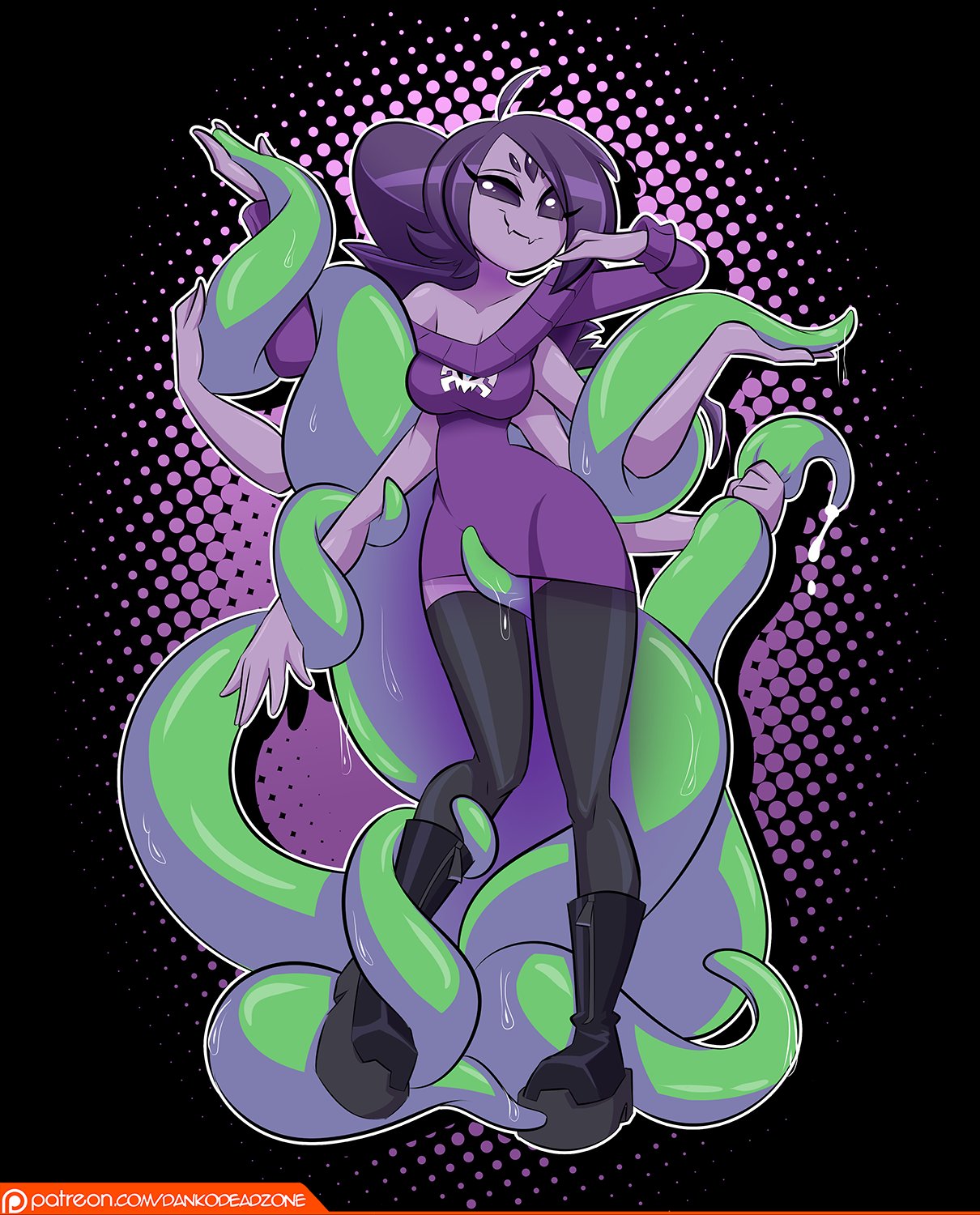 1girls, 6 arms, boots, cosplay, cum, dankodeadzone, female, interspecies, muffet, multi arm, multi limb, no bra, no panties, purple hair, purple skin, pussy, pussy juice, seductive, seductive look, seductive smile, smirk, smirking, smug, spider, stockings, sweater, tentacle, undertale, wet, wet pussy, zone-tan