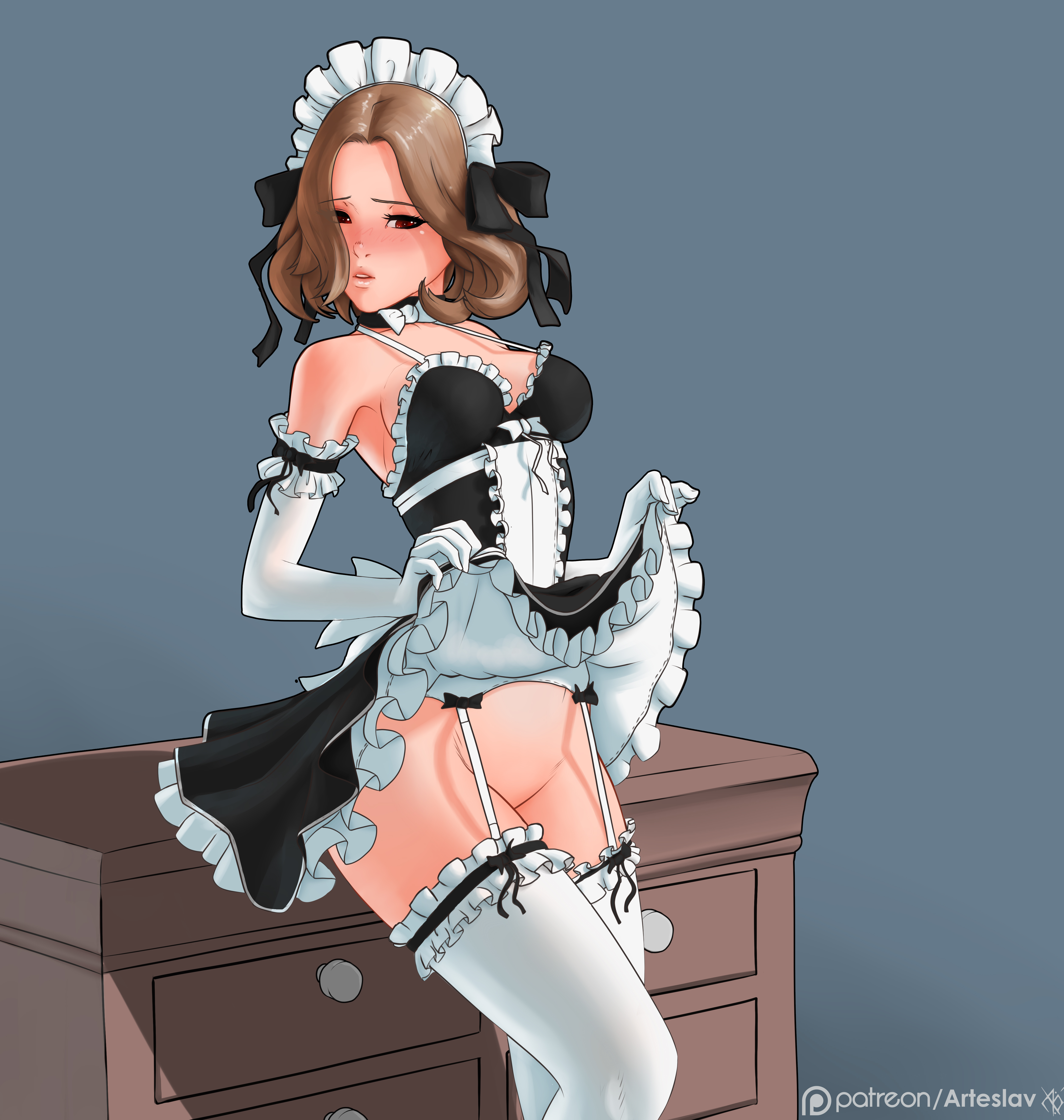 1girls, absurdres, apron, arteslav, bare shoulders, blush, bow, breasts, brown hair, choker, cleavage, dresser, female, frilled apron, frilled gloves, frilled legwear, frilled skirt, garter belt, garter straps, gloves, highres, looking at viewer, maid, no panties, original, presenting, red eyes, short hair, skirt, skirt lift, solo, white gloves, white legwear