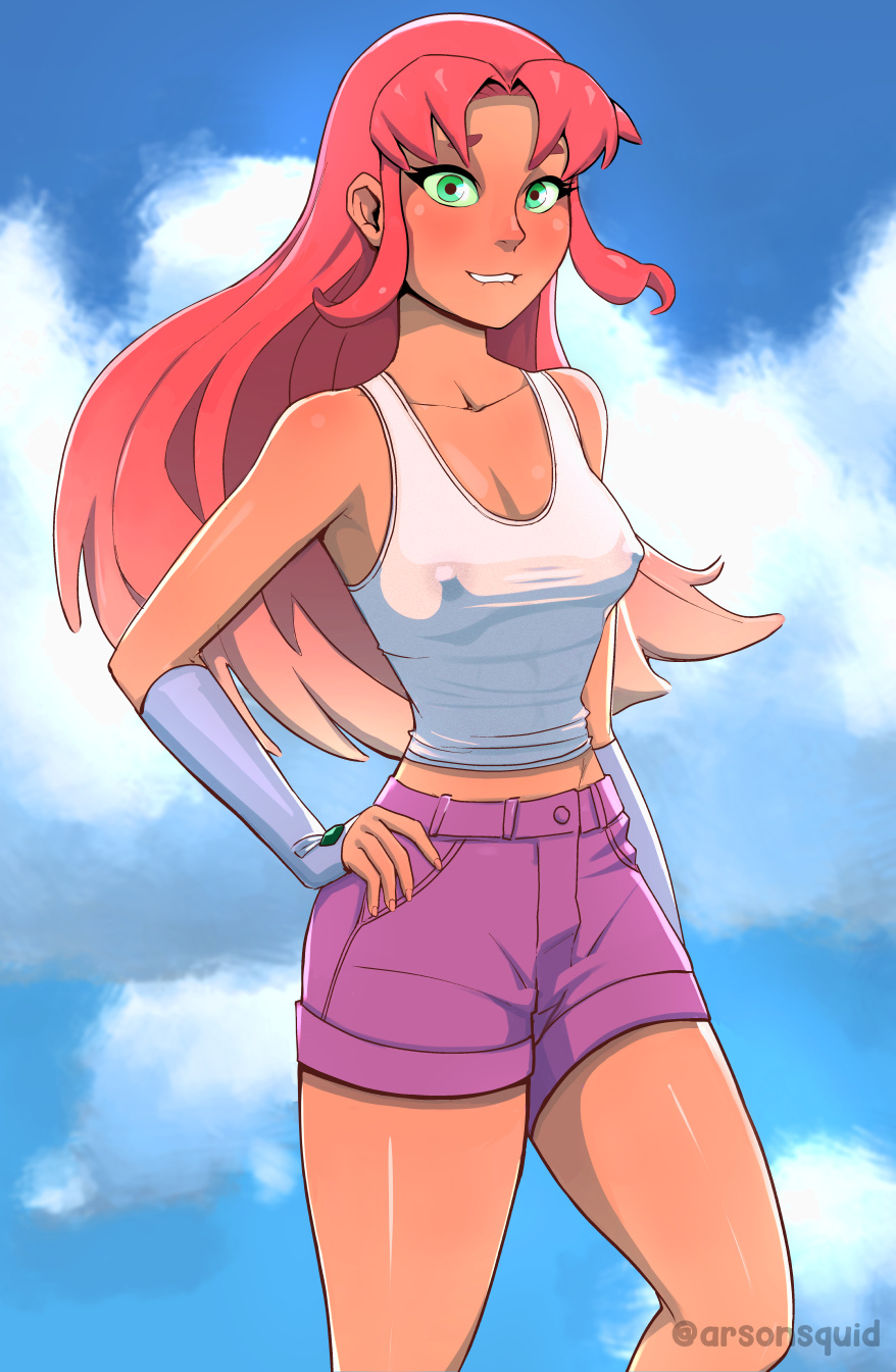 1girls, areolae, arsonsquid, biting lip, blue sky, blush, breasts, cleavage, dc, dc comics, erect nipples, eyelashes, female, female only, green eyes, green sclera, hand on hip, long hair, looking at viewer, nipples, nipples visible through clothing, red hair, see-through clothing, shorts, small breasts, solo, starfire, tank top, teen titans, transparent clothing