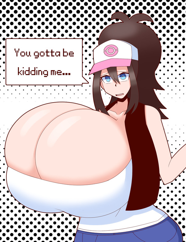 1girls alternate_breast_size blue_eyes breast_expansion breast_squeeze breasts brown_hair cap chounyuu cute duskyer hilda_(pokemon) hyper hyper_breasts nintendo pokemon pokemon_bw solo solo_female text thick tight tight_clothing tight_fit top_heavy voluptuous