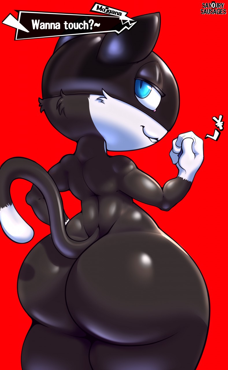 anthro, ass, atlus, big ass, blue eyes, english text, feline, looking at viewer, looking back, male, male only, morgana (persona), muscular, persona, persona 5, savourysausages, tagme