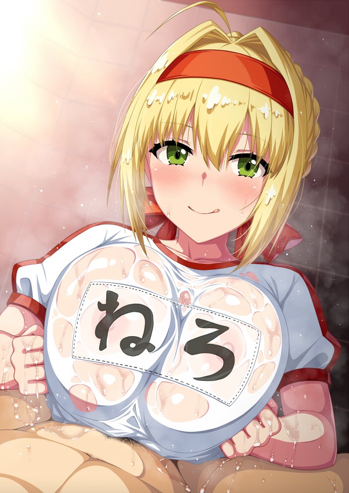 1boy ahoge bangs blonde_hair blush braid breast_squeeze breasts closed_mouth clothing covered_nipples fate/extra fate/grand_order fate_(series) female french_braid green_eyes gym_shirt gym_uniform hair_between_eyes hair_bun hair_intakes headband horosuke_(toot08) large_breasts licking_lips light-skinned_male light_skin long_hair looking_at_viewer name_tag nero_claudius_(fate) nero_claudius_(fate)_(all) nero_claudius_(olympian_bloomers) olympian_bloomers outercourse paizuri paizuri_under_clothes penis pubic_hair red_headband shirt short_sleeves smile straight sweat tongue tongue_out white_shirt