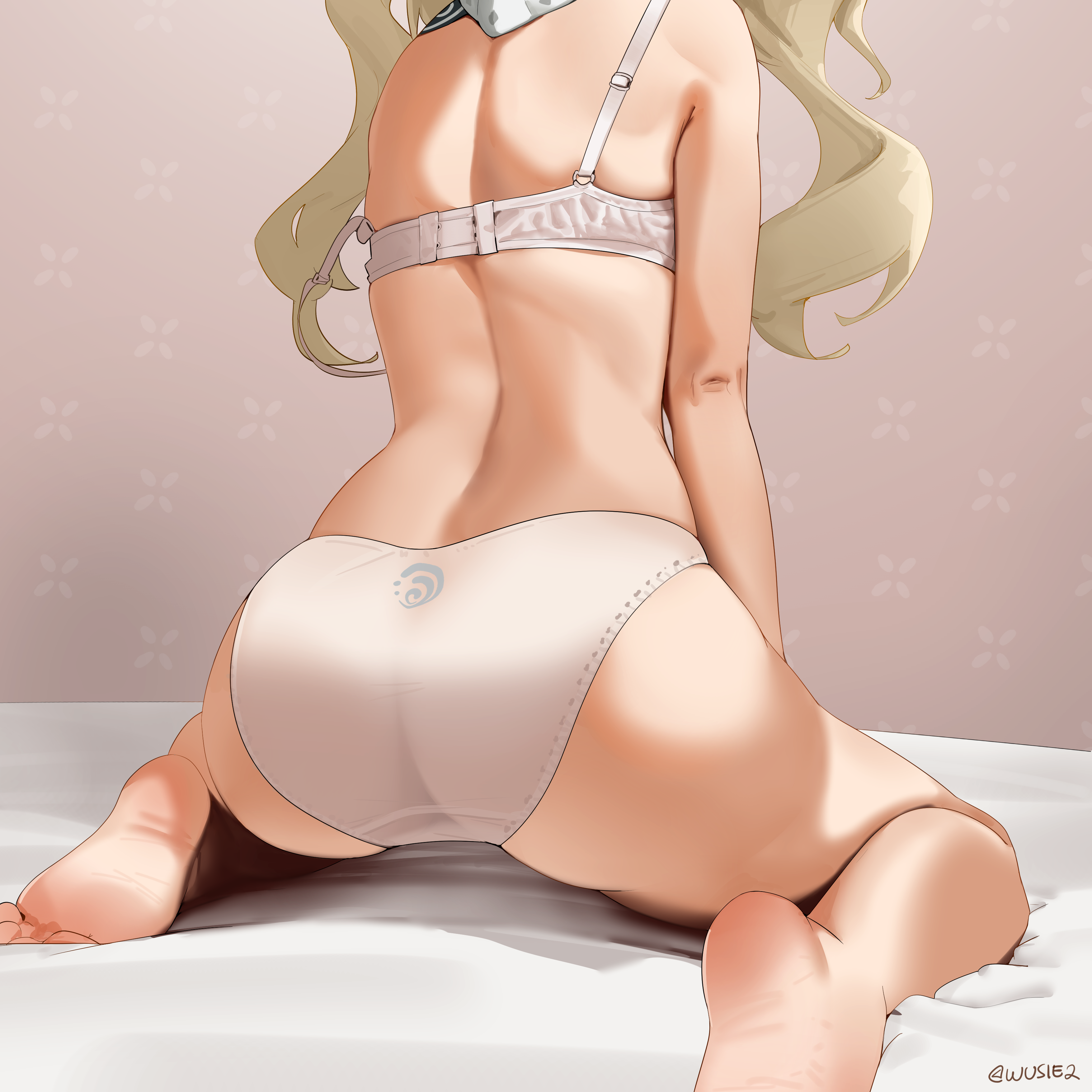 1girls, absurd res, ass, ass focus, barbara (genshin impact), barefoot, big ass, big butt, bra, feet, female, female only, from behind, genshin impact, hi res, huge ass, nun, panties, soles, white bra, white panties, wusie2