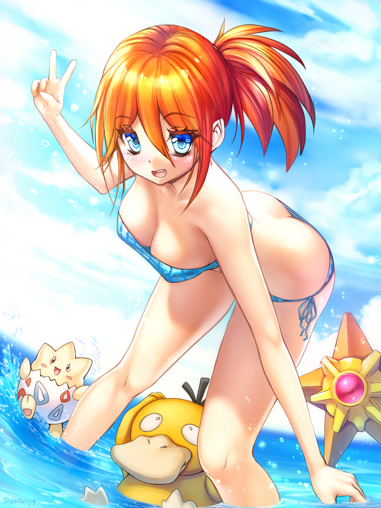 ass blue_eyes blush breasts gigamessy kasumi_(pokemon) legs orange_hair pokemon psyduck red_hair sea staryu togepi v