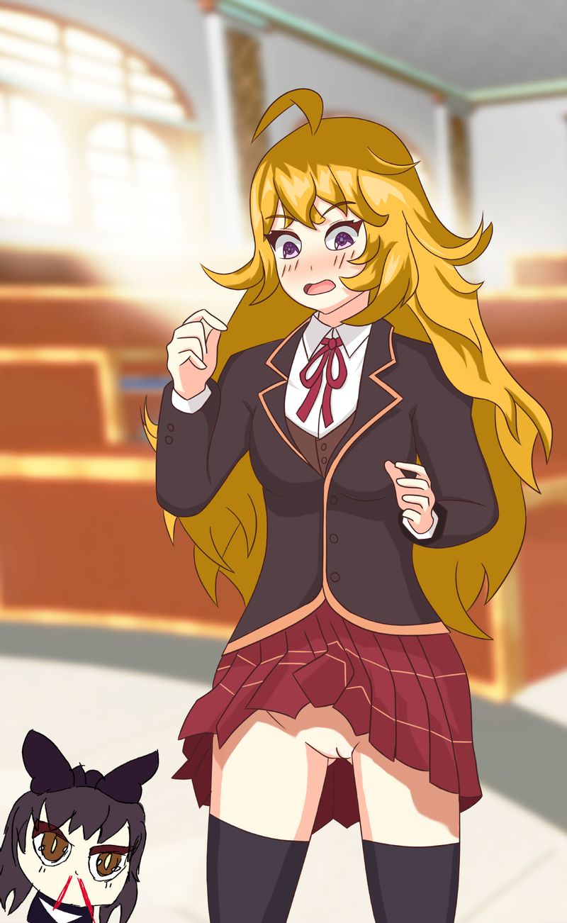 accidental_exposure blake_belladonna blush classroom embarrassed highres indoors no_panties open_mouth pleated_skirt rwby rwby_chibi school school_uniform skirt skirt_lift yang_xiao_long