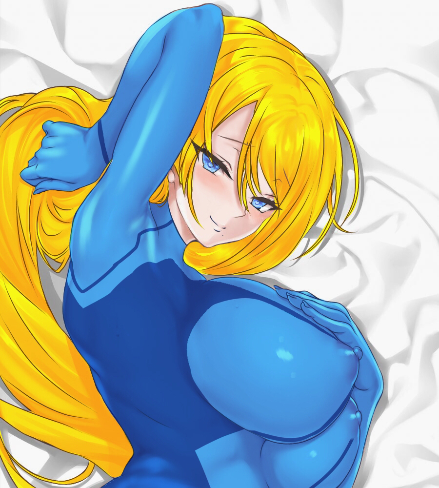 breasts, caro (artist), female, large breasts, looking at viewer, metroid, nintendo, samus aran, smile, zero suit, zero suit samus