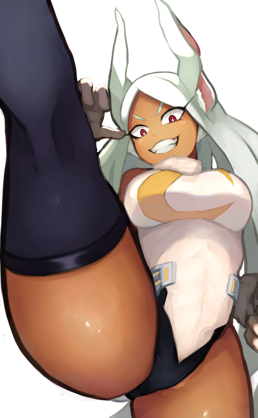 1girls, abs, ass, big ass, big breasts, big butt, breasts, bunny ears, bunny girl, bunny tail, busty, commentary request, dark skin, dark-skinned female, female, female only, from below, gloves, hero outfit (mha), hi res, highres, large ass, large breasts, leg up, legwear, long hair, looking at viewer, midriff, miruko, my hero academia, nkdoes, rabbit ears, rabbit girl, rabbit tail, red eyes, rumi usagiyama, shiny, shiny skin, skin tight, smile, smiling, solo, thick, thick legs, thick thighs, thigh highs, thighhighs, thighs, tight clothes, tight clothing, tight fit, white background, white hair