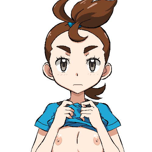 1girls blush brown_hair eyebrows female female_focus female_only flashing gomatarou human makoto_(pokemon) nipples pokemon pokemon_(anime) pokemon_(movie) pokemon_the_movie:_i_choose_you! shirt_lift small_breasts verity_(pokemon)