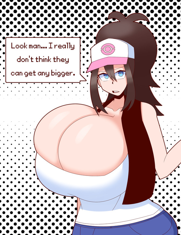 1girls alternate_breast_size blue_eyes breast_expansion breast_squeeze breasts brown_hair cap cute duskyer hilda_(pokemon) hyper hyper_breasts nintendo pokemon pokemon_bw solo solo_female text thick tight tight_clothing tight_fit top_heavy voluptuous