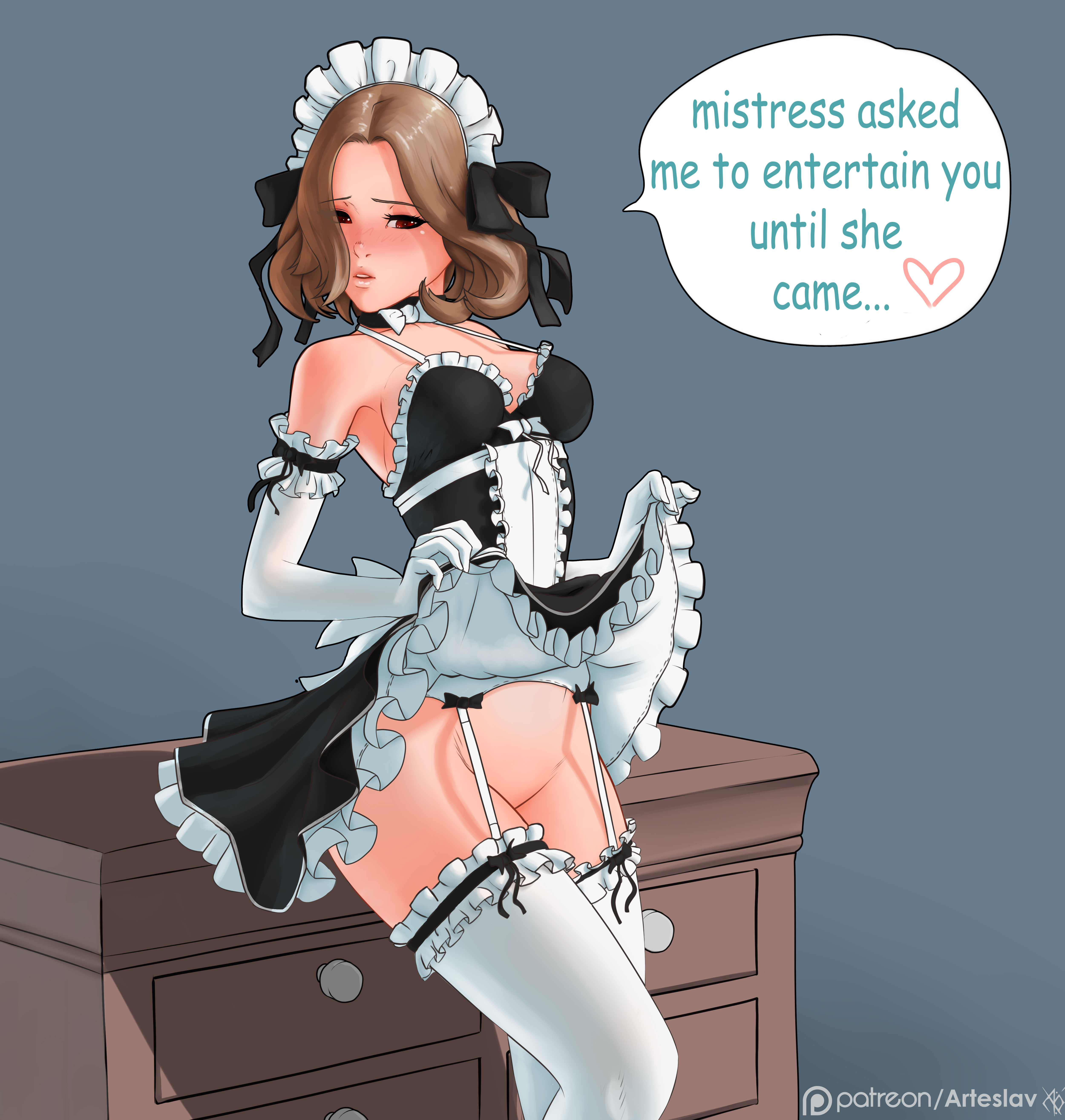 1girls, absurdres, apron, arteslav, bare shoulders, blush, bow, breasts, brown hair, choker, cleavage, dresser, female, frilled apron, frilled gloves, frilled legwear, frilled skirt, garter belt, garter straps, gloves, highres, looking at viewer, maid, no panties, original, presenting, red eyes, short hair, skirt, skirt lift, solo, white gloves, white legwear