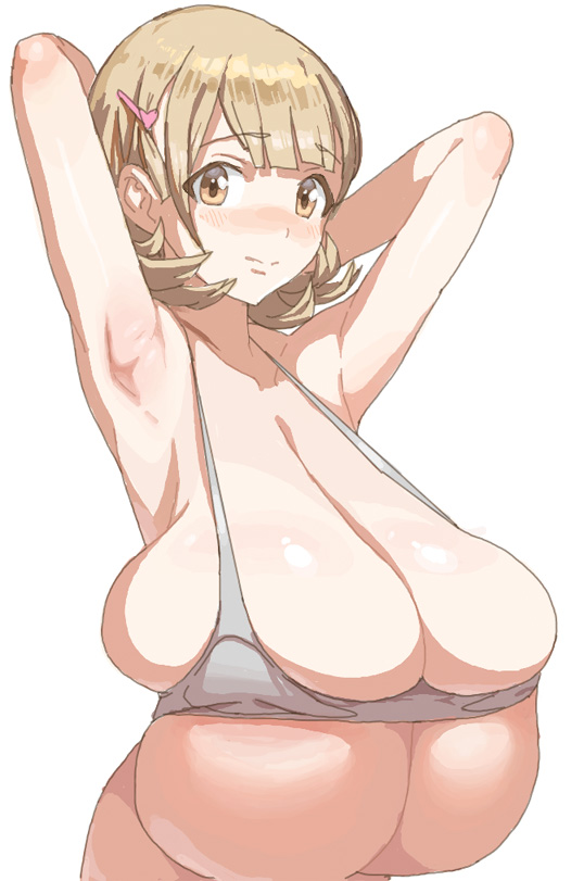 armpits blush breasts_bigger_than_head cleavage deep_skin eyebrows_visible_through_hair female hair_clip hands_behind_head kasutaso narusawa_ryouka occultic;nine sagging_breasts short_hair skindentation small_top solo tight_clothing tight_fit tight_top white_background