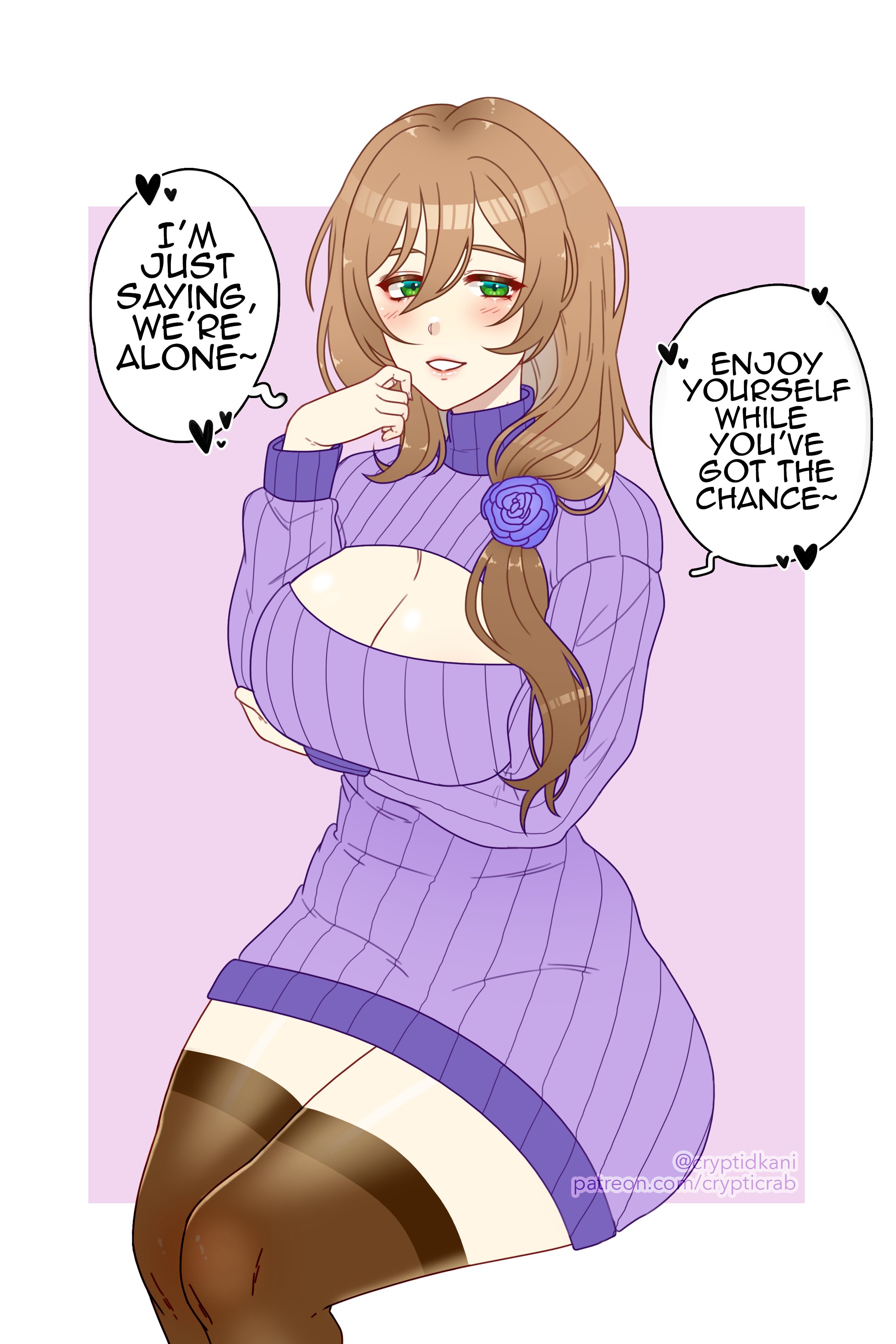 1girls, big breasts, blush, breasts, brown hair, cleavage, cryptid crab, english text, female, genshin impact, green eyes, hair between eyes, keyhole turtleneck, large breasts, lisa (genshin impact), long hair, looking at viewer, milf, side ponytail, simple background, sitting, smile, solo, solo female, sweater, text, thick thighs, thighhighs