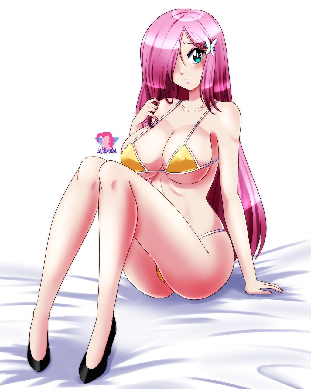 1girls, aqua eyes, big breasts, breasts, butterfly hair ornament, cleavage, curvy, danmakuman, equestria girls, female, female only, fluttershy (eg), fluttershy (mlp), friendship is magic, hair over one eye, hasbro, humanized, large breasts, legs, my little pony, pink hair, shoes, straight hair, thighs, voluptuous