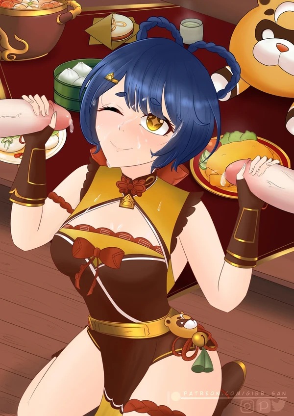 1girls, 2boys, amber eyes, blue hair, breasts, brown gloves, closed eye, cum, cum on body, cum on breasts, cum on face, cumshot, female, fingerless gloves, genshin impact, gibb san, gloved handjob, gloves, hand on penis, handjob, handjob with gloves, holding penis, light skin, light-skinned female, light-skinned male, looking at viewer, male, mmf threesome, threesome, touching penis, xiangling (genshin impact)