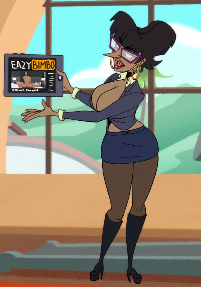 1girls, animaniacs, animaniacs (2020), big breasts, bimbo, black hair, breasts, busty, cleavage, ear piercing, earrings, edit, eyeliner, eyeshadow, female, female focus, female only, high heels, hoop earrings, hourglass figure, huge breasts, latina, lipstick, makeup, monkeyman (artist), nora rita norita, red lipstick, screenshot edit, short skirt, skimpy, skimpy clothes, skirt, stockings, tablet, tagme, wide hips