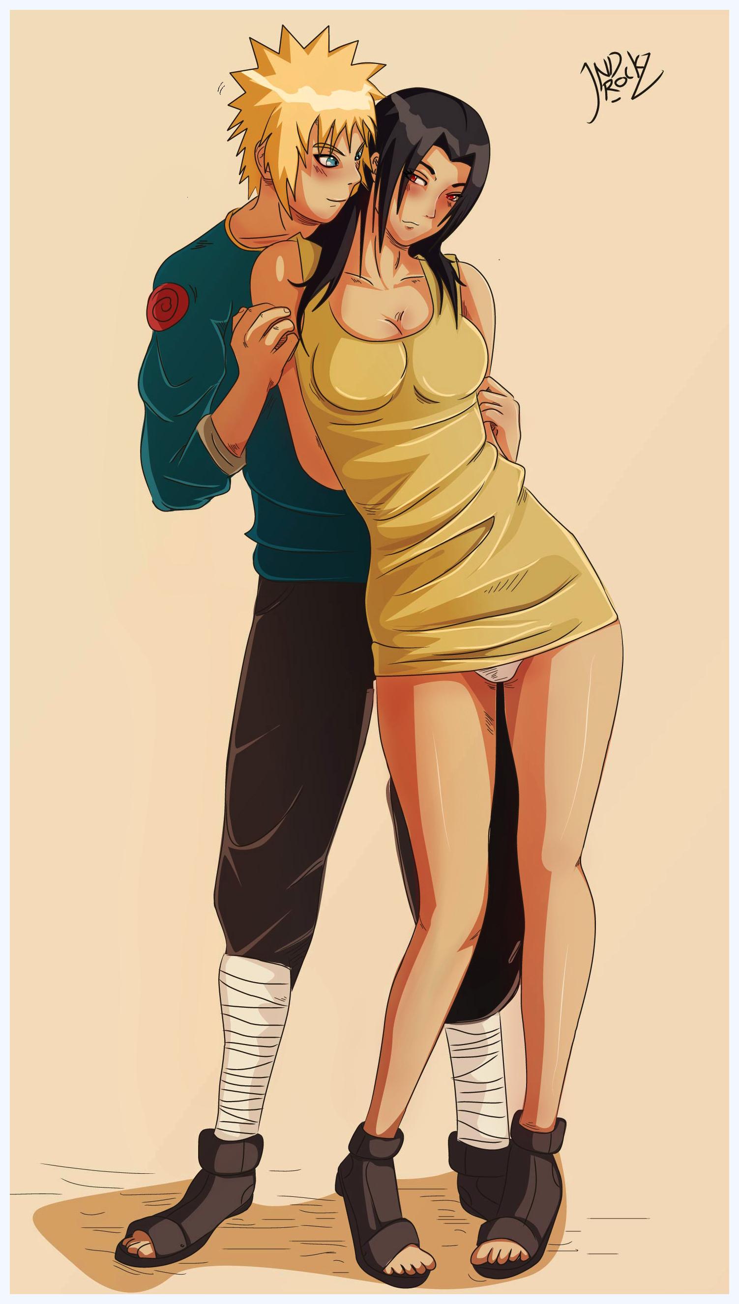1boy, 1girls, artist signature, bandaged leg, bandages, bangs, black hair, black pants, blue skirt, blush, breasts, cheating, cleavage, clothing, father, female, grabbing, grabbing from behind, indrockz, large breasts, looking at another, male, milf, mother, namikaze minato, naruto, naruto (series), naruto shippuden, naughty face, no pants, ntr, panties, pants, partially clothed, red eyes, sharingan, shirt, signature, sleeping, sleeveless shirt, smile, spiky hair, straight, tank top, thick thighs, uchiha mikoto, underwear, white panties, white underwear, yellow hair, yellow shirt, yellow tank top