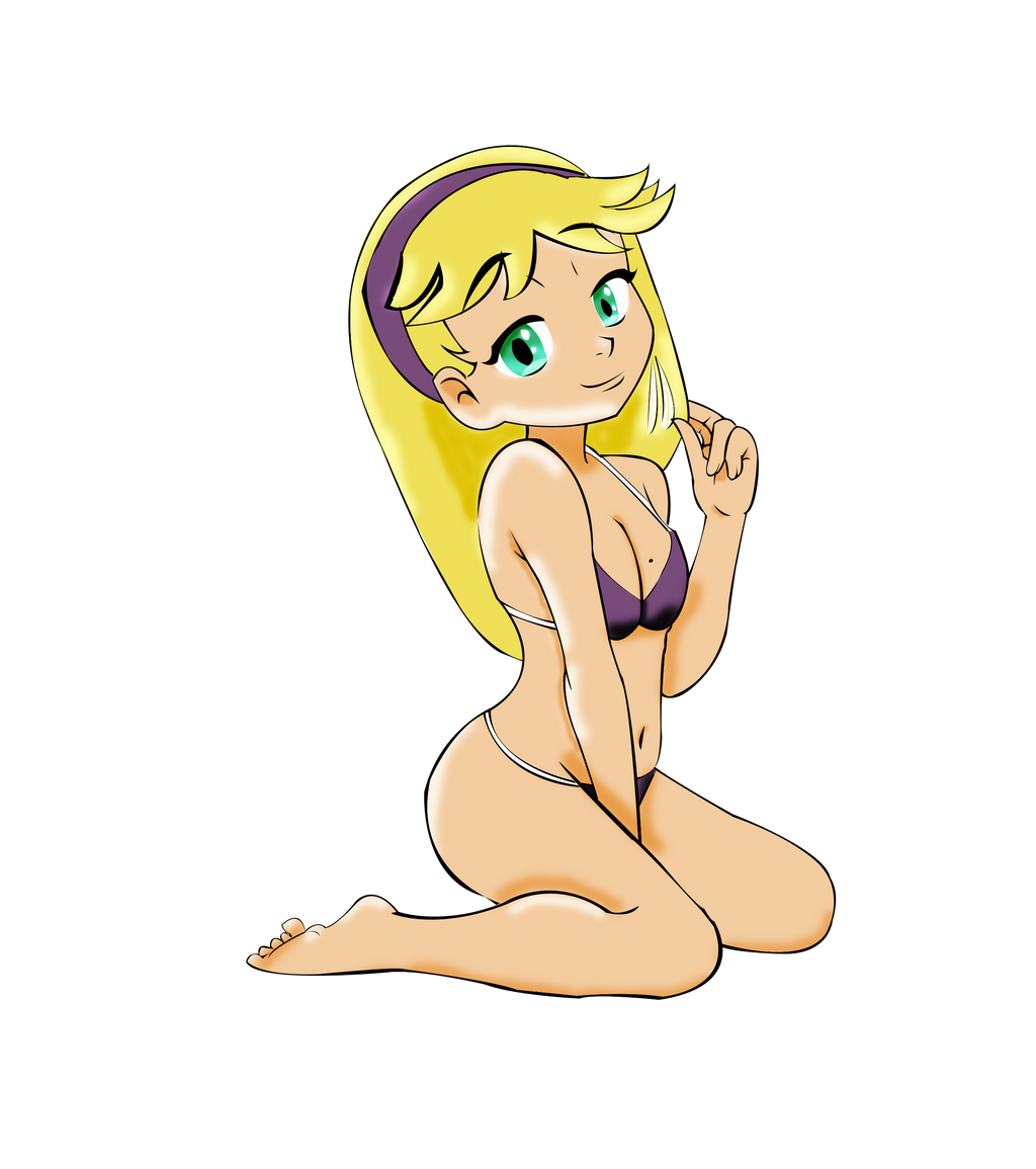 1girls bangs barefoot belly big_breasts blonde_hair bra breasts carol_pingrey cleavage eddiemaximoff feet female female_only green_eyes hairband headband mole mole_on_breast navel panties purple_bra purple_panties smile solo solo_female solo_focus teal_eyes the_loud_house thick_thighs thighs toes underwear