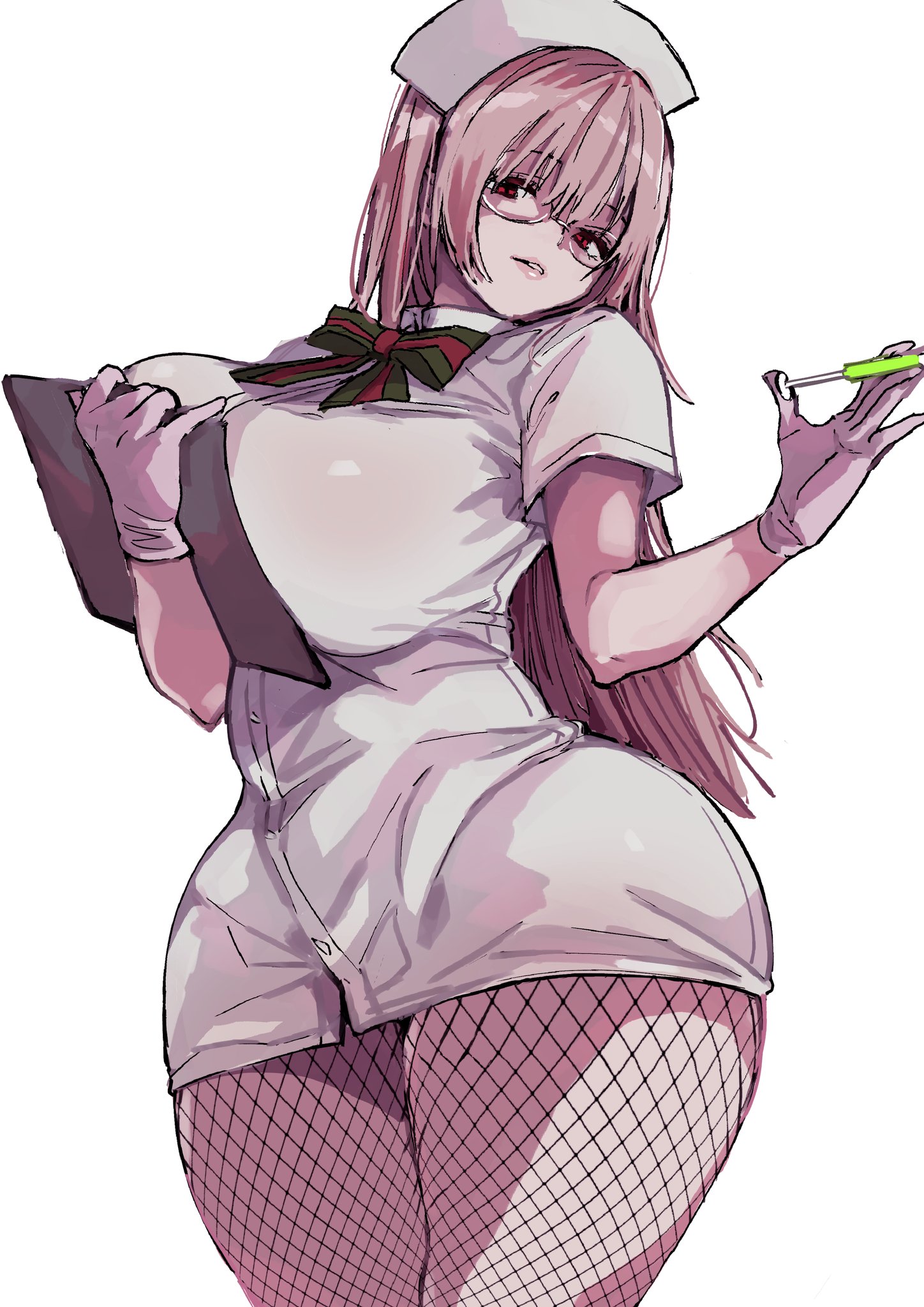 1girls, achumuchi, breasts, clipboard, curvy, fate (series), fate/grand order, female, female focus, fishnet legwear, fishnet stockings, fishnets, florence nightingale (fate), florence nightingale (santa) (fate), glasses, huge breasts, large breasts, long hair, looking at viewer, needle, nurse, nurse uniform, red eyes, simple background, thick thighs, white background, wide hips