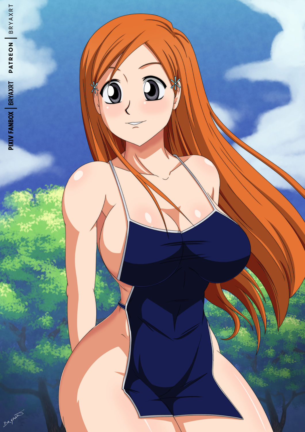 1girls apron arms_behind_back big_breasts black_eyes bleach breasts bryaxrt cleavage clothing curvy curvy_figure female female_only hair_ornament hairclip inoue_orihime long_hair naked naked_apron no_underwear nude orange_hair outdoors parted_lips revealing_clothes skimpy skimpy_clothes smile wide_hips