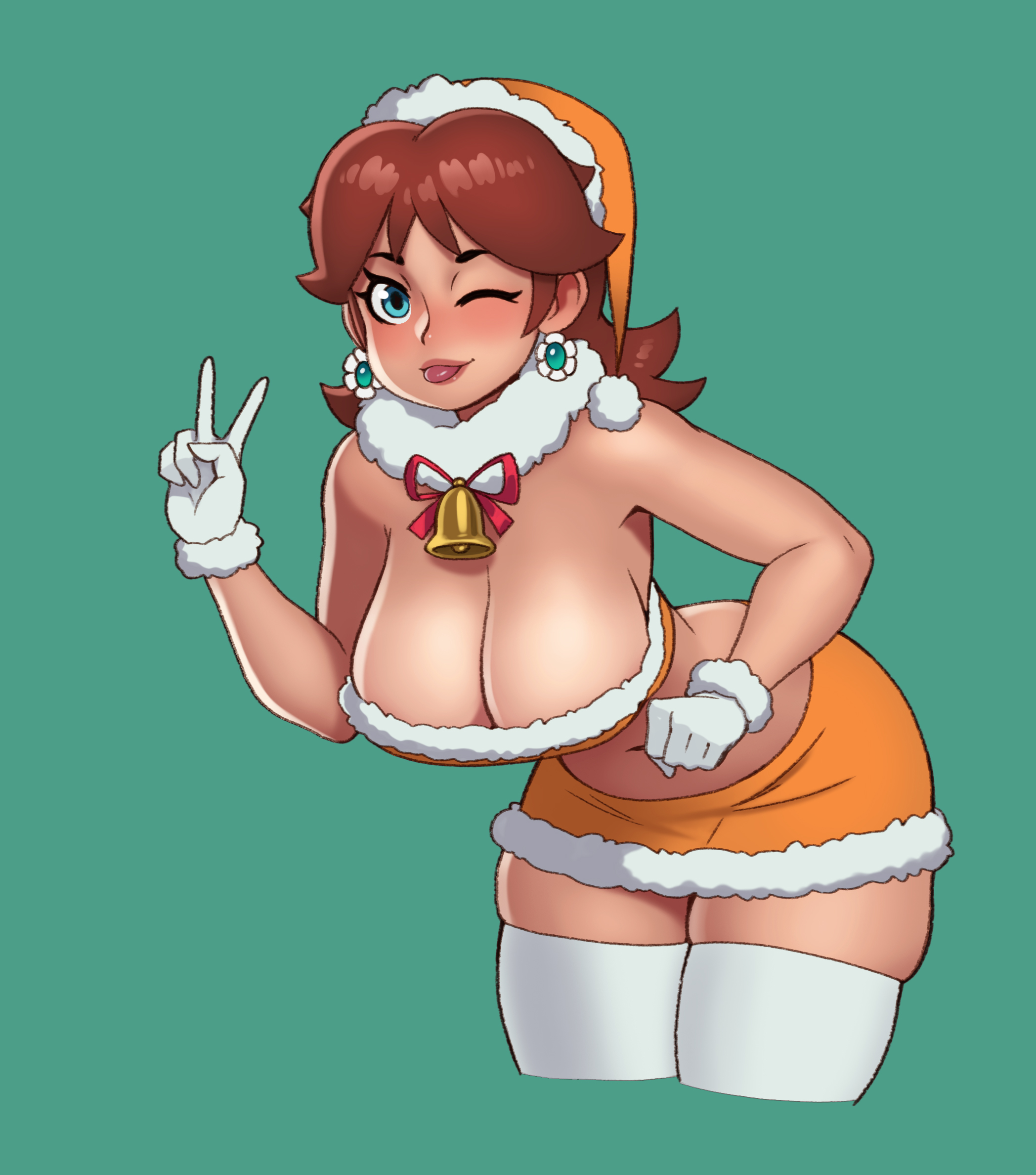 1girls, alternate breast size, bad id, bad twitter id, bandeau, big breasts, bimbo, blue eyes, breasts, brown hair, brown skin, christmas, christmas hat, christmas outfit, cleavage, clothing, earrings, female, female focus, female only, gloves, green background, hat, hourglass figure, large breasts, leaning forward, long hair, looking at viewer, mario (series), midriff, miniskirt, navel, nintendo, one eye closed, peace sign, plain background, princess daisy, rizdraws, simple background, skindentation, skirt, smile, solo, standing, thighhighs, thighs, tongue, tongue out, v, white gloves, wink, year request, zettai ryouiki