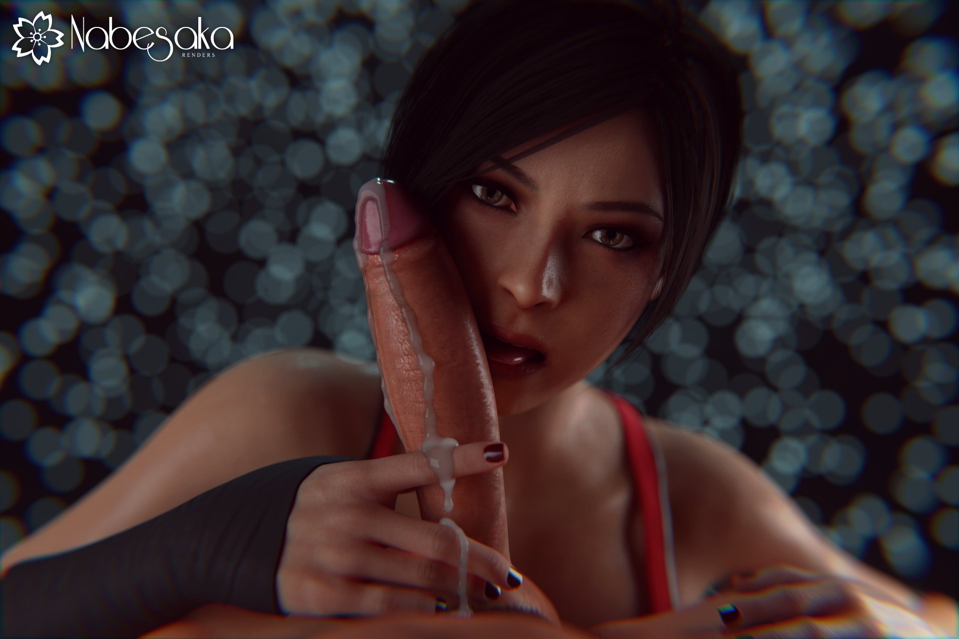1boy, 1girls, 3d, 3d (artwork), ada wong, ada wong (adriana), asian, asian female, capcom, cum, cum on fingers, erection, female, female focus, female/male, male, nabesakarenders, penis, penis grab, resident evil, resident evil 2, resident evil 2 remake