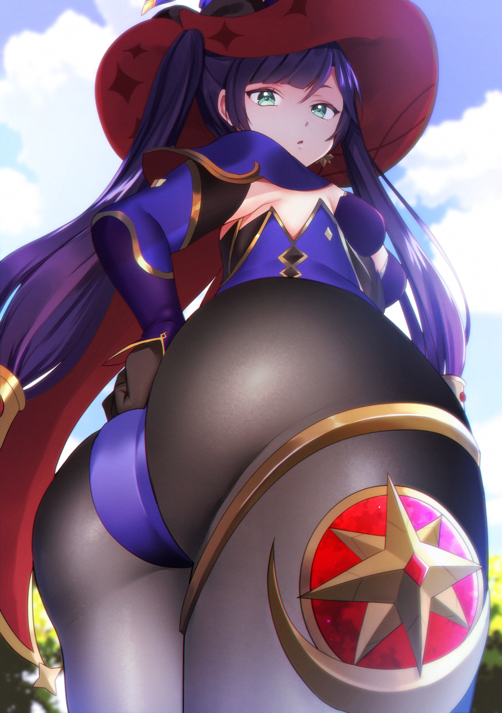 ass, ass focus, big ass, big butt, female, female only, genshin impact, huge ass, large ass, large butt, leotard, looking at viewer, mona (genshin impact), pantyhose
